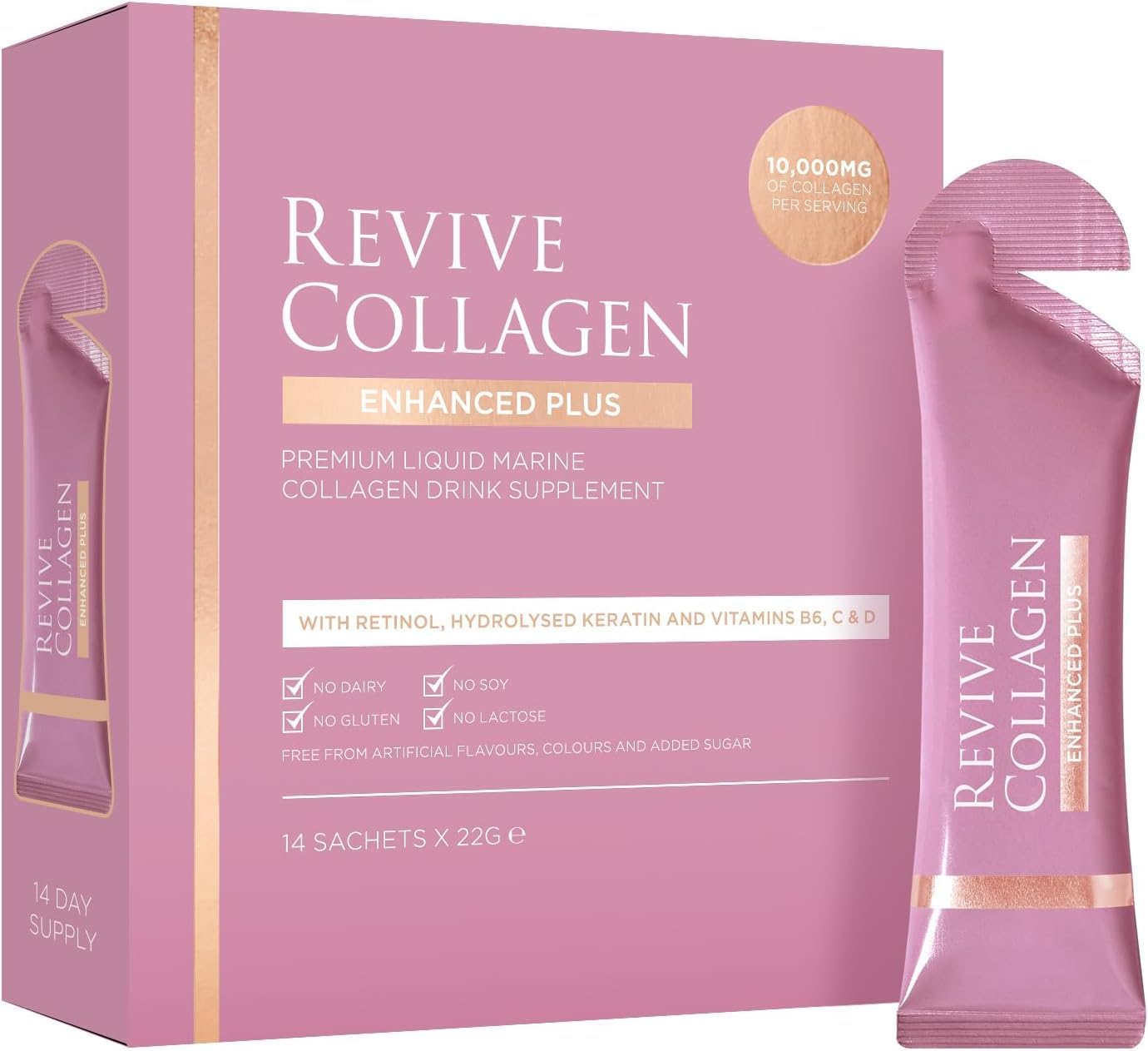 Front Image: Revive Collagen Enhanced Plus tropical drink sachets liquid supplement 14 x 22g box
