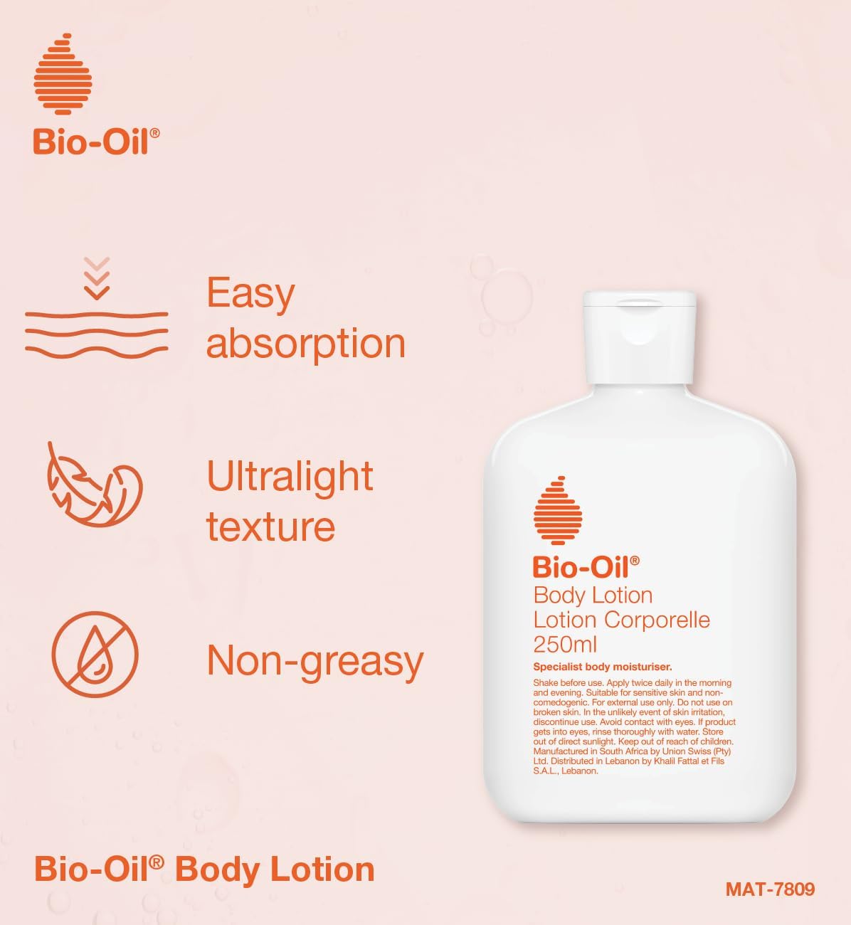 Bio-Oil Ultralight Moisturising Body Lotion, pump bottle packaging, fragrance not specified, 175ml, ingredients information