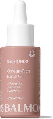Front image: Balmonds Omega Rich Facial Oil 30ml bottle natural skincare oil packaging