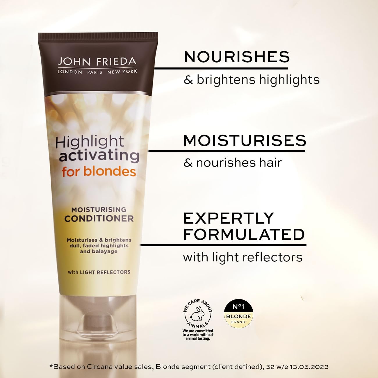 John Frieda Highlight Activating Moisturising Conditioner, tube packaging, fragrance not specified, 250ml, ingredients information