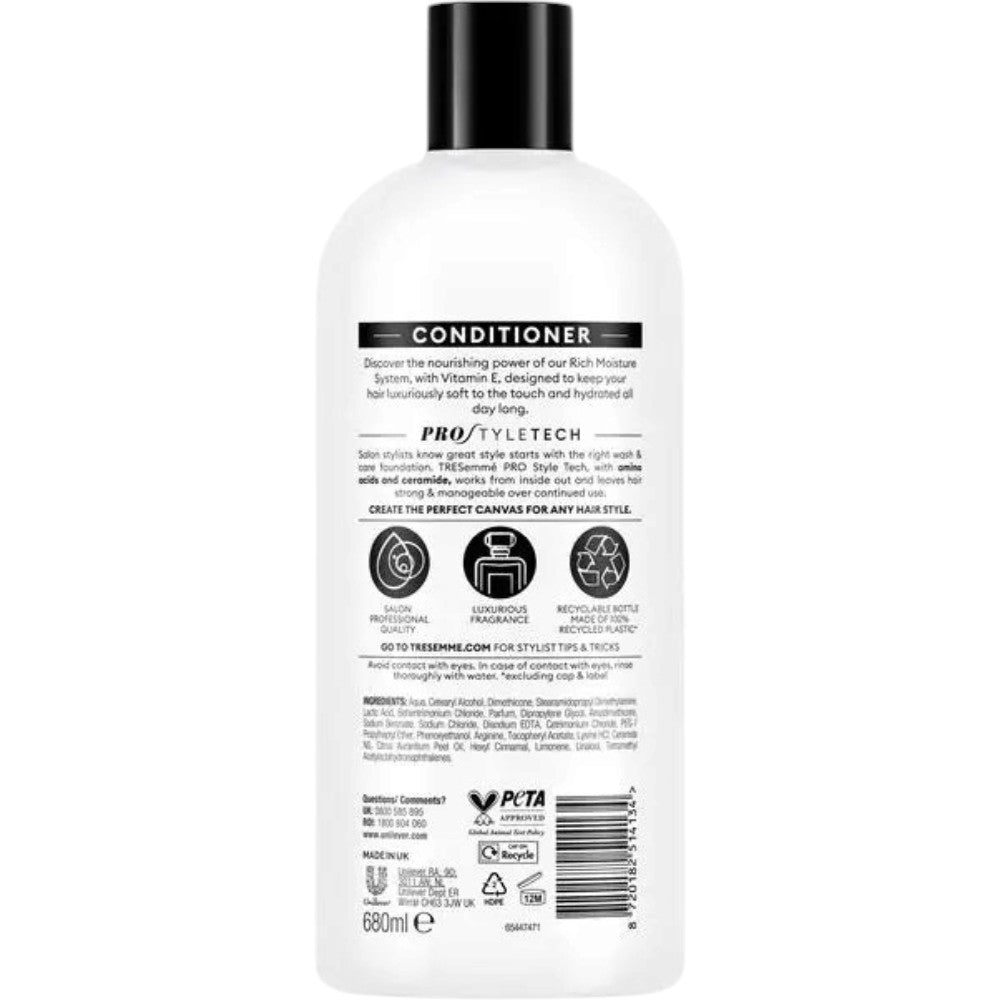 TRESemmé Rich Moisture Conditioner with Vitamin E 680ml packaging showing ingredients and product information & barcode