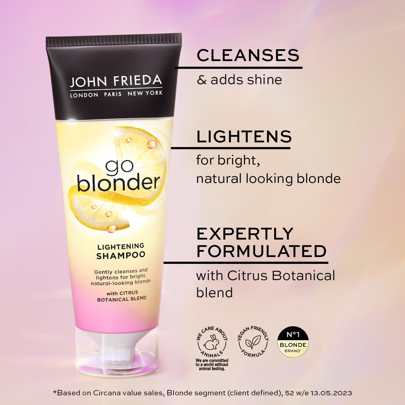 John Frieda Go Blonder Lightening Shampoo, bottle packaging, fragrance not specified, 75ml, ingredients information