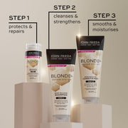 John Frieda Blonde+ Repair System Pre-Shampoo Treatment, tube packaging, fragrance not specified, 100ml, blonde hair pre-wash use Steps 1-3