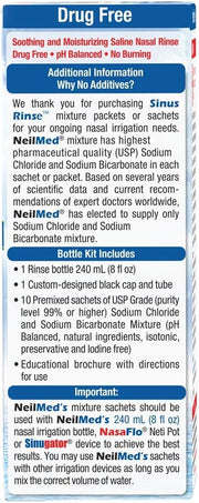 Instructions and ingredients for Neilmed saline nasal rinse packets.