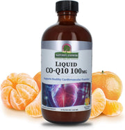 Nature’s Answer liquid CoQ10 tangerine flavour vegan supplement 240ml bottle front view on a white background & tangerine