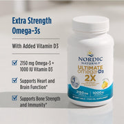 Nordic Naturals Ultimate Omega-3 2X Extra Strength supplement bottle shown on a light gray background with product text and feature bullet points on the left.