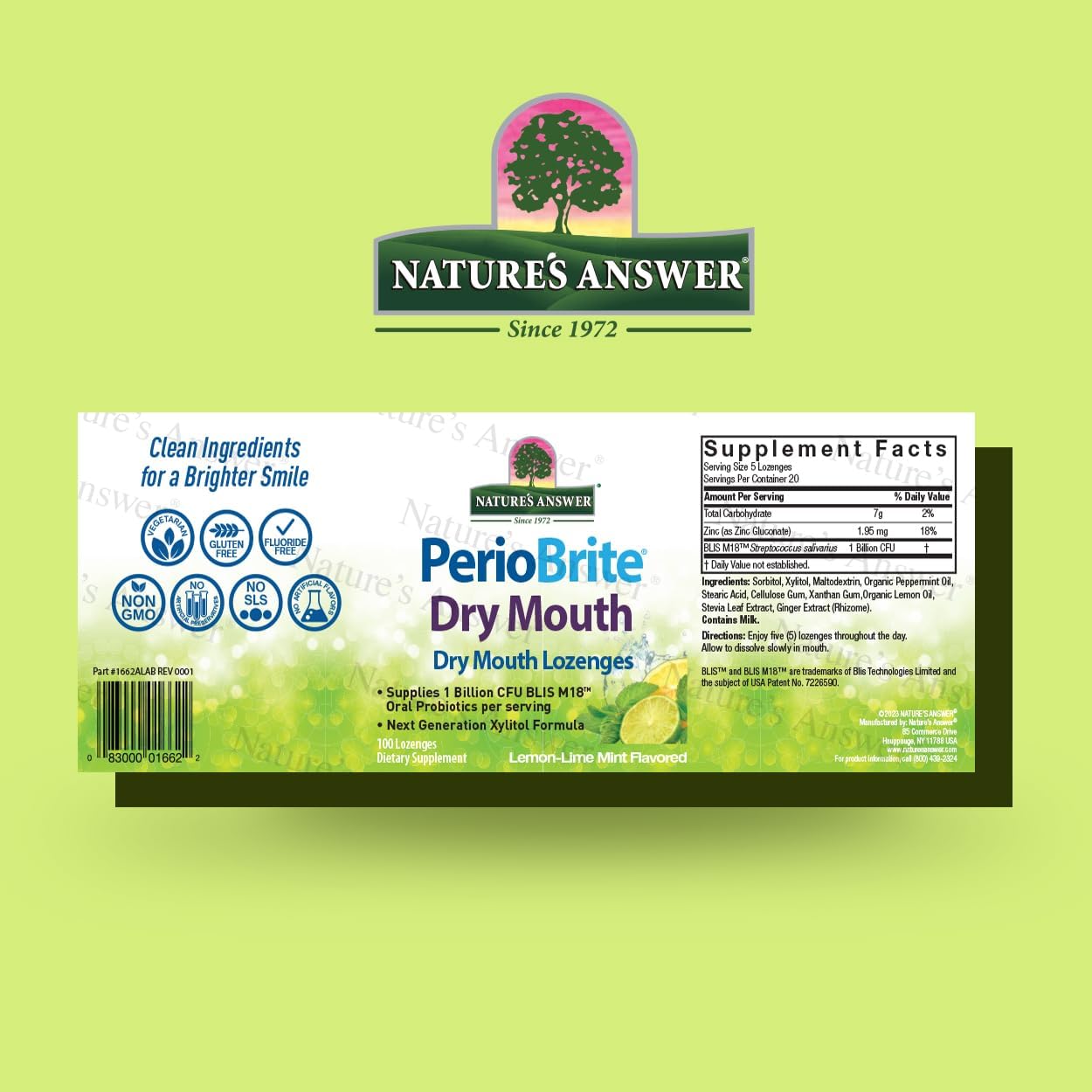 Nature’s Answer PerioBrite dry mouth lozenges lemon lime 100 count barcode