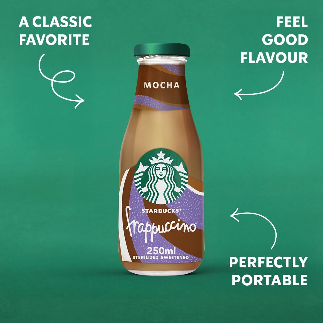 Starbucks Frappuccino Mocha Iced Coffee Drink, glass bottle packaging, Mocha flavour, 8 x 250ml, chilled coffee serving