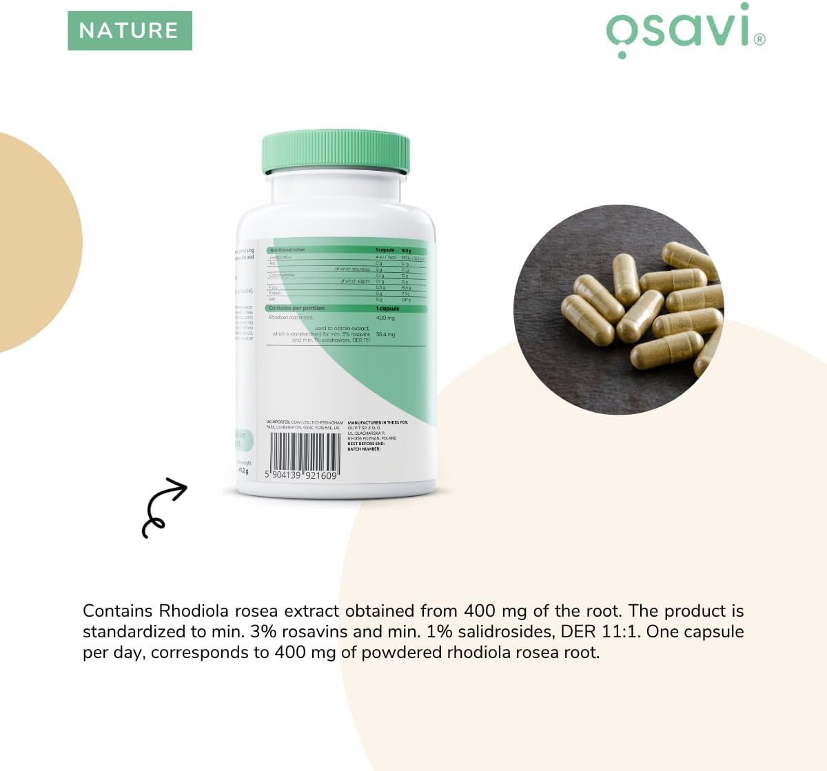 Osavi Rhodiola Rosea 400mg Root Extract - Standardized 3% - 120 Vegan Caps