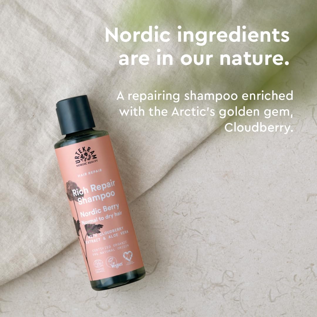 Urtekram Nordic Berry Rich Repair Shampoo, shampoo bottle packaging, fruity berry fragrance, 250ml, product information