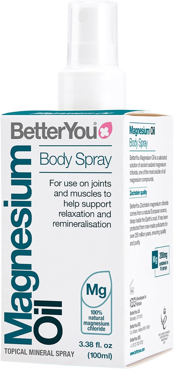 BetterYou Magnesium Oil Body Spray bottle, 100ml, on white background.