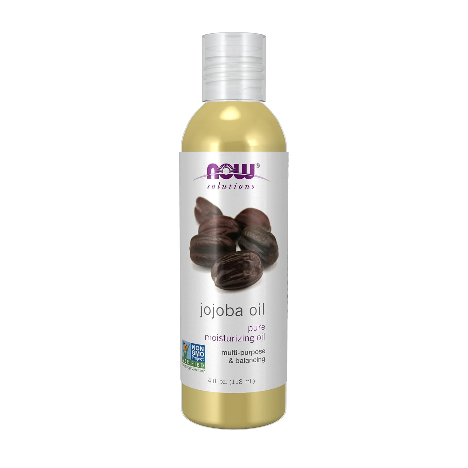 NOW Solutions 100% Pure Jojoba Oil bottle, 118ml, on white background.