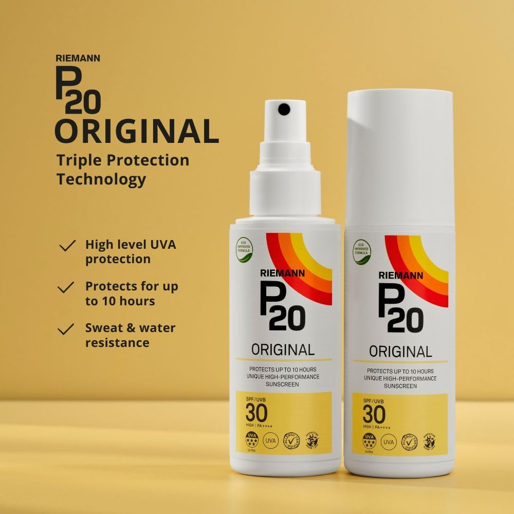 Riemann P20 Original SPF30 Sun Protection Spray bottle, 100ml, on white background.