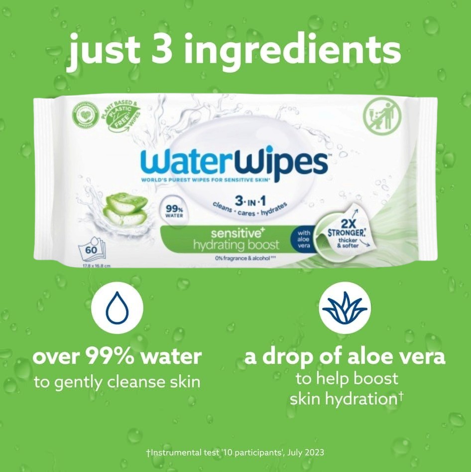 WaterWipes Sensitive+ Hydrating Boost Aloe Vera Wipes 60 count packaging showing ingredients and product information