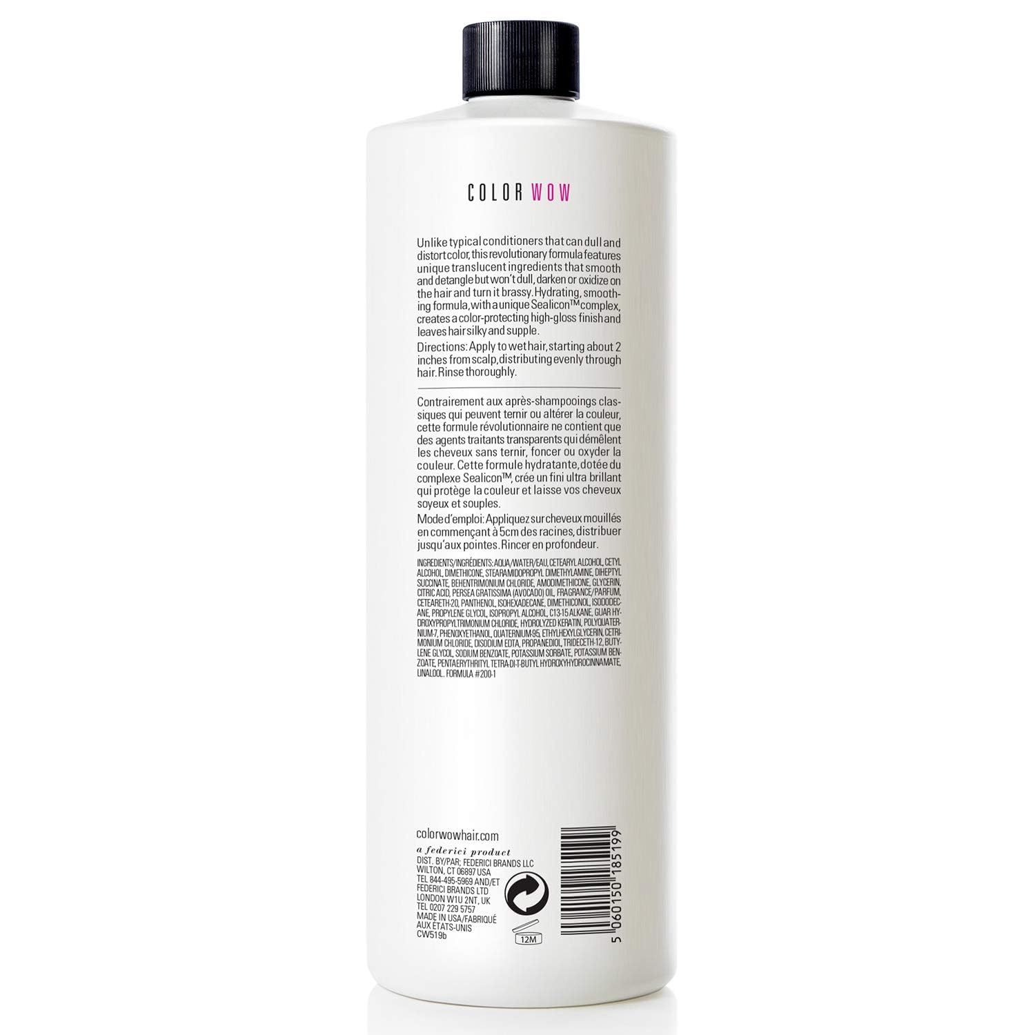 Back label of Color Wow Color Security Conditioner 946ml showing ingredients, barcode and instructions.