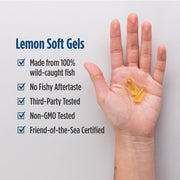 A hand holding two translucent yellow lemon soft gel capsules against a light gray background, with a text list on the left describing product benefits.