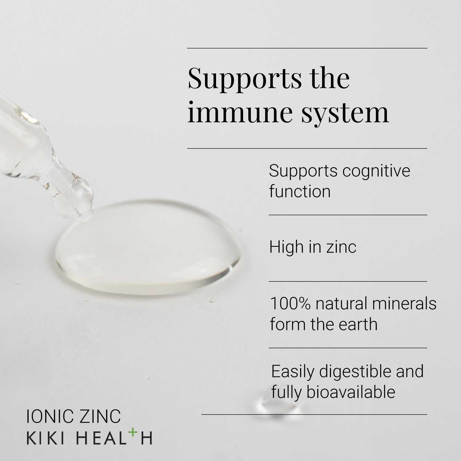 Supplement facts & ingredients image: KIKI Health ionic zinc liquid drops ingredient panel bottle 50ml