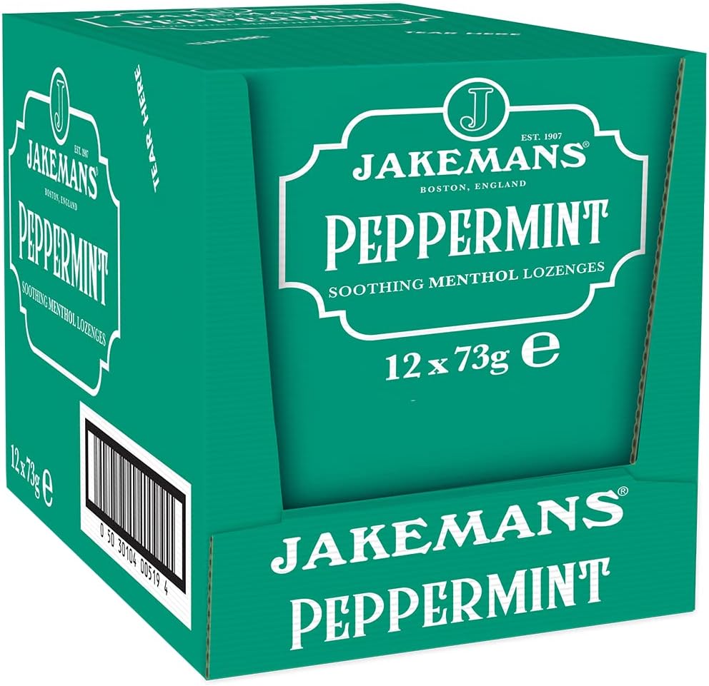 Jakemans Peppermint Menthol Lozenges box packaging peppermint flavour 12 x 73g front product image