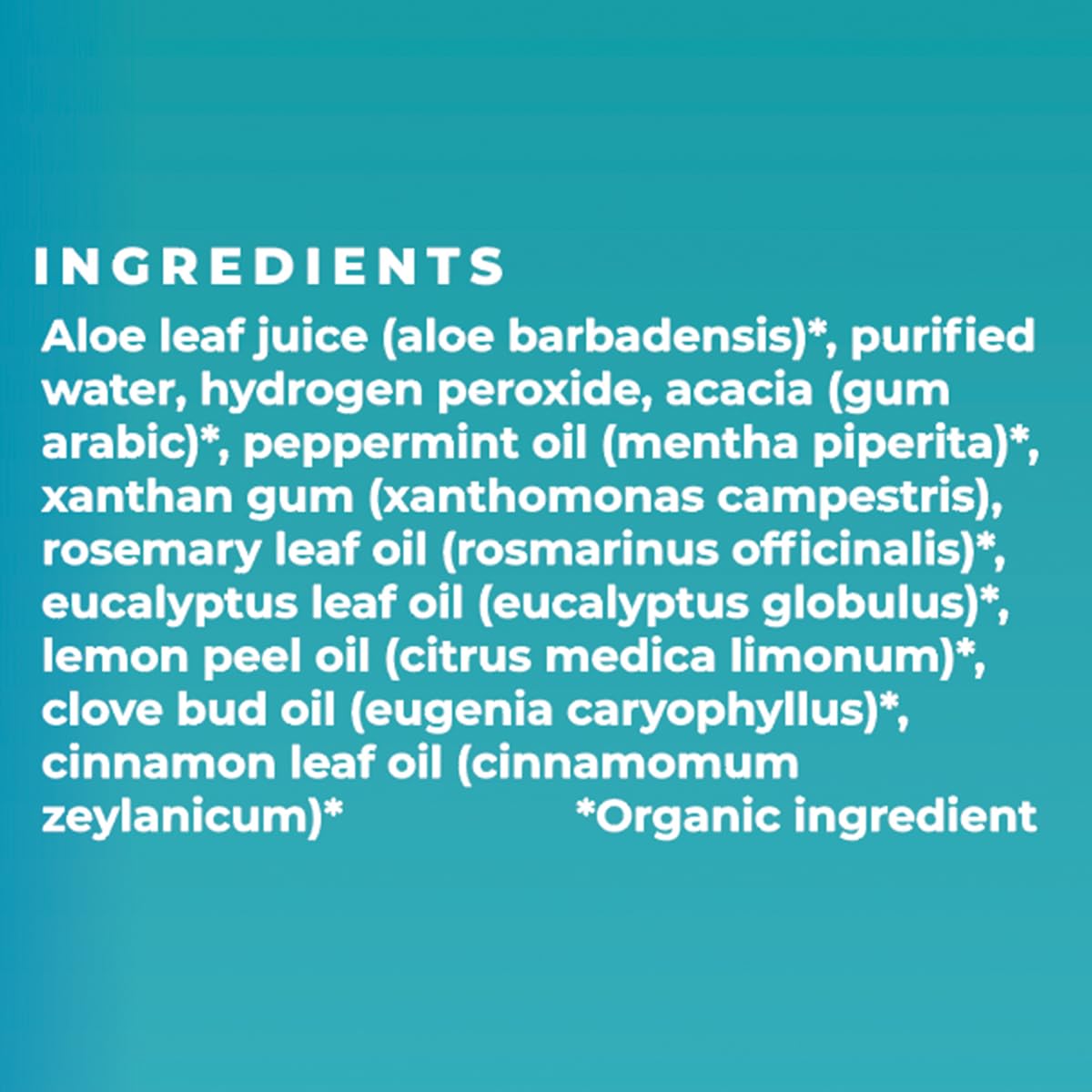 Essential Oxygen Organic Brushing Rinse showing ingredients and directions.