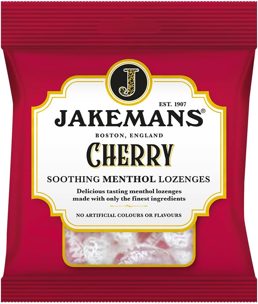 Jakemans Cherry Menthol Lozenges bag packaging cherry flavour 12 x 73g front product image