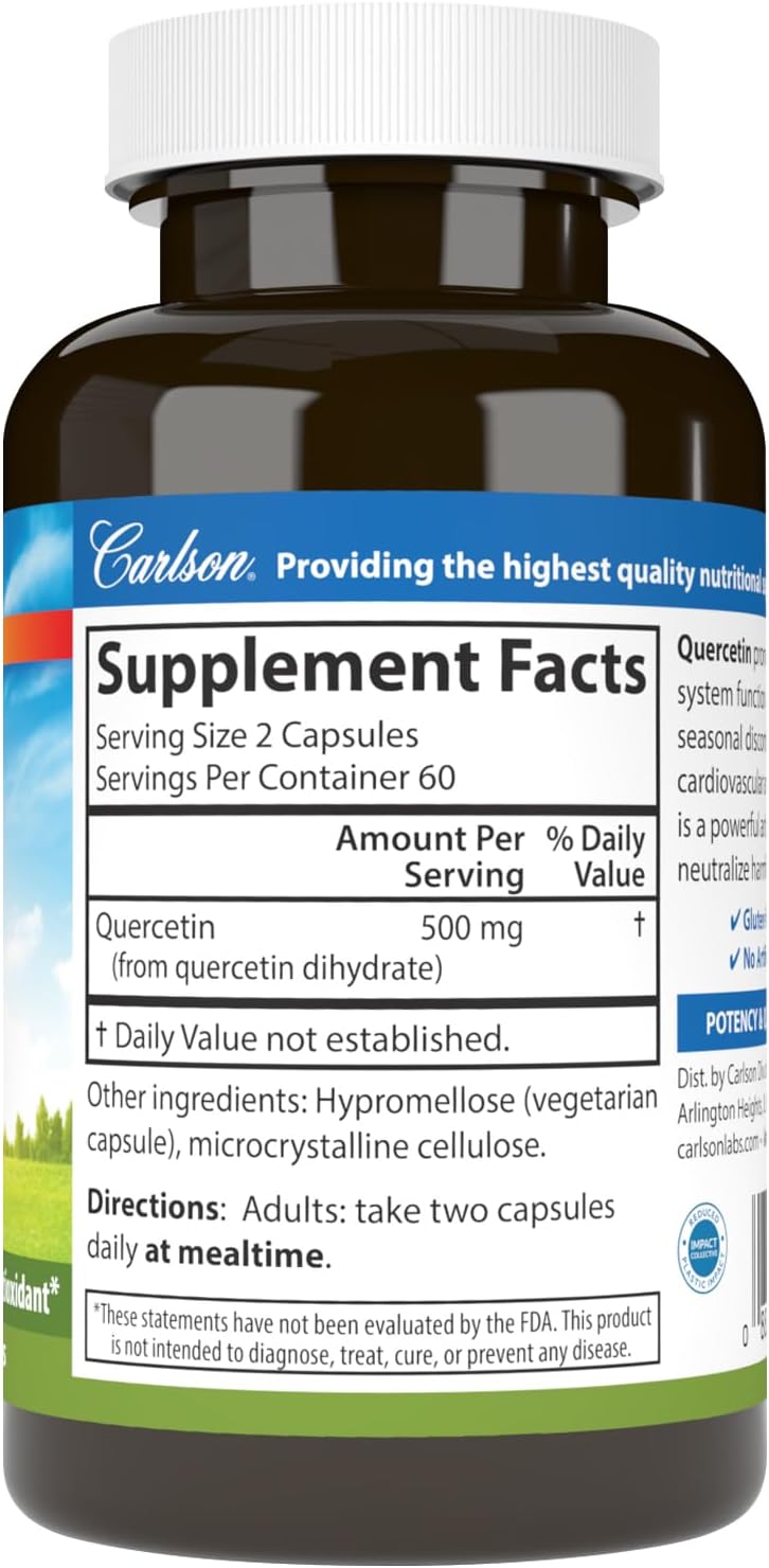 Supplement facts & ingredients image: Carlson Quercetin 500 mg supplement facts vegetarian capsules 60 count