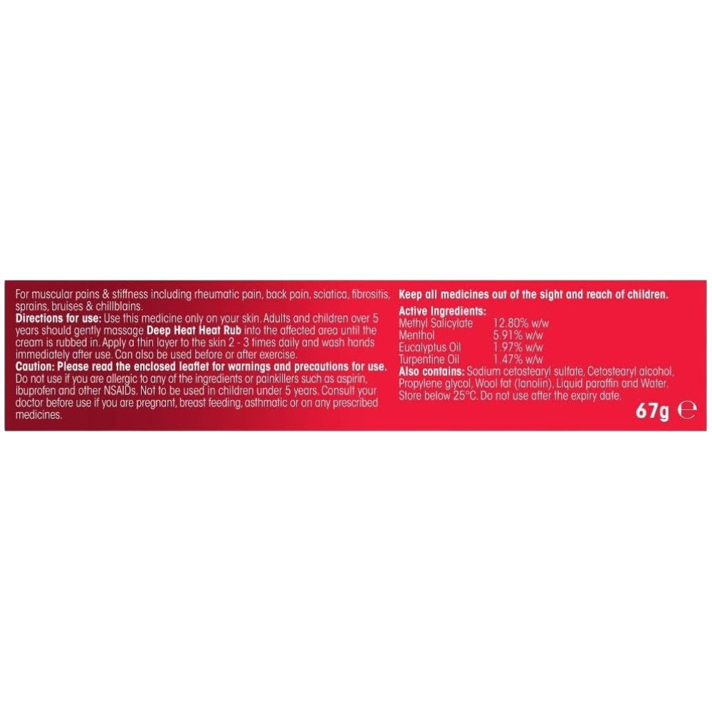 Deep Heat Heat Rub, tube and carton packaging, no flavour, 67g, active and other ingredients