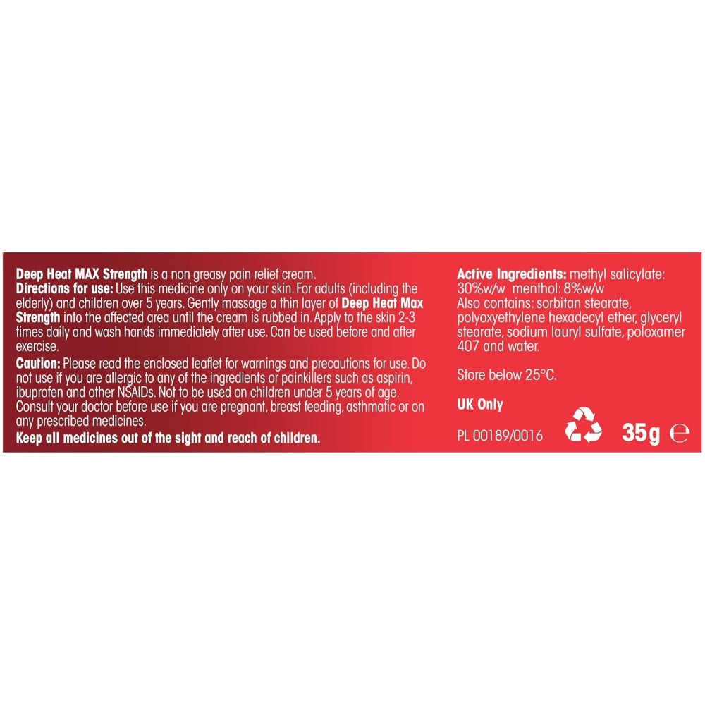 Deep Heat Max Strength Heat Rub Cream, tube and carton packaging, no flavour, 35g, active and other ingredients