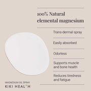 Supplement facts & ingredients image: KIKI Health magnesium oil spray Zechstein ingredient panel bottle 125ml