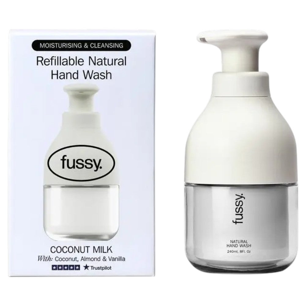 Fussy Refillable Natural Hand Wash Coconut Milk coconut almond vanilla fragrance 240ml bottle and refill front packaging
