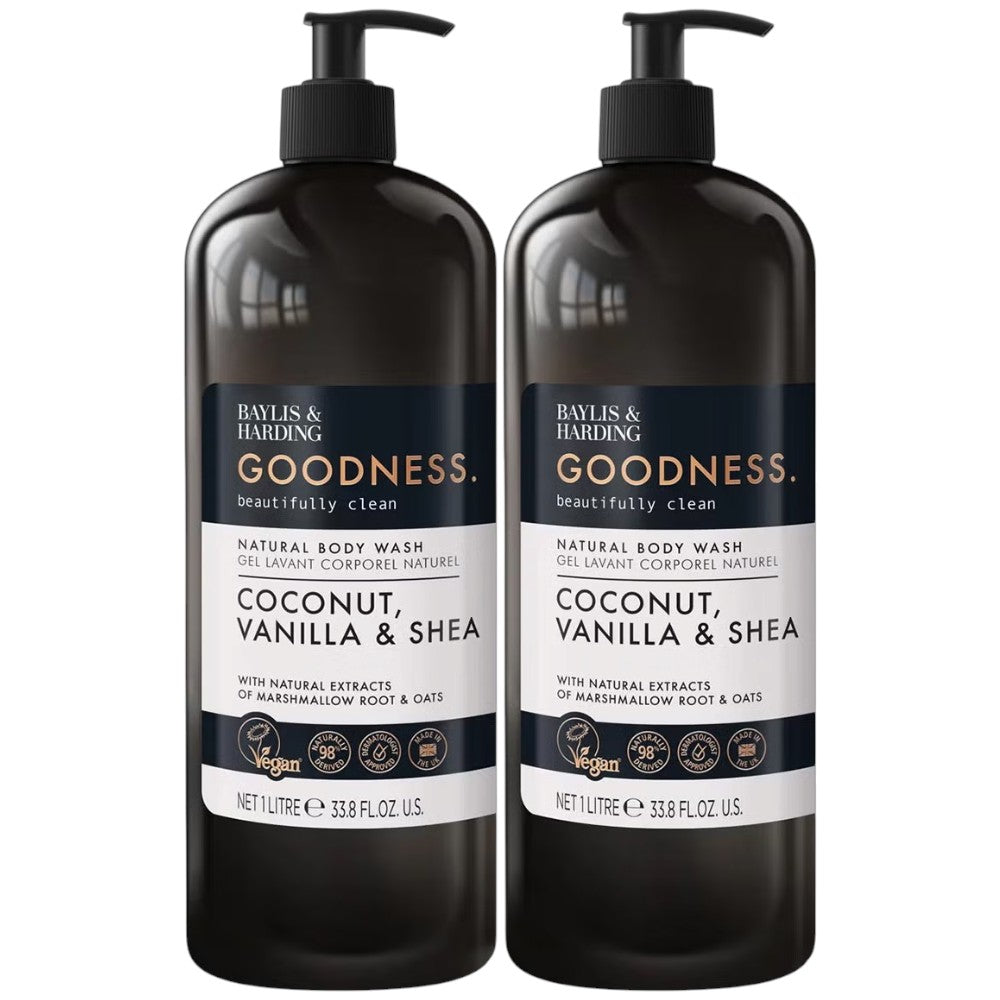 Baylis & Harding Goodness Coconut Vanilla Shea body wash 1L bottles 2 pack front packaging