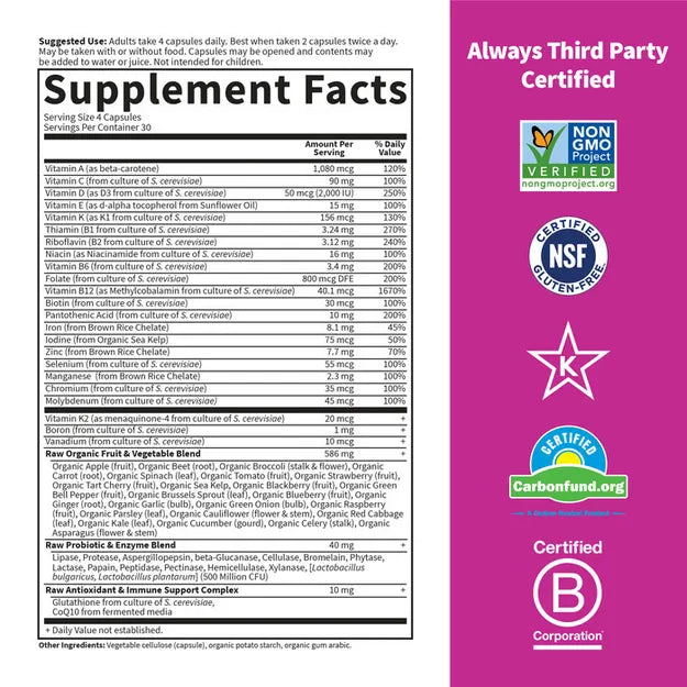 Supplement facts and ingredient list for Women's Multivitamin.