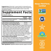 Supplement facts and ingredients label for Raw Whole Food Vitamin D3 with probiotics.