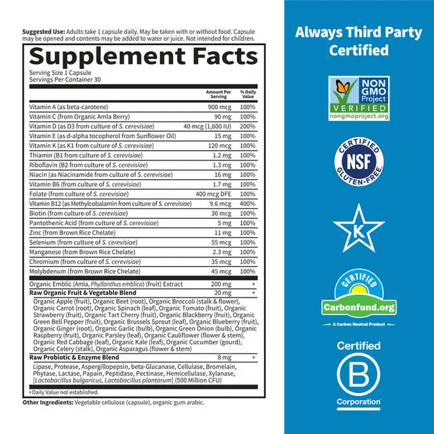 Supplement facts panel and ingredients list for Raw One for Men multivitamin on white background.