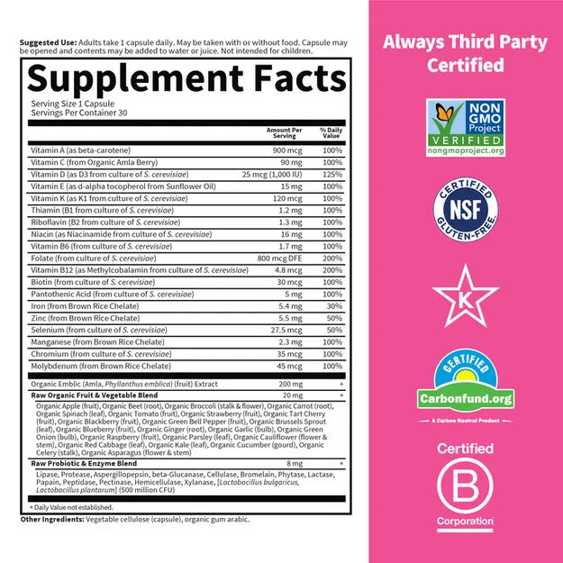 Supplement facts and ingredient list for women's once-daily multivitamin.