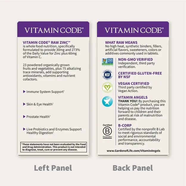 Supplement facts and ingredients for Raw Zinc with whole food blend.