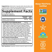 Back label of RAW Vitamin C showing ingredients, benefits, and certifications like Non-GMO, Vegan.