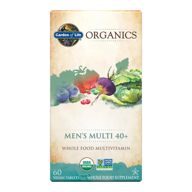 Garden of Life Organics Men's Multi 40+ box, whole food vegan tablets, 60 count.