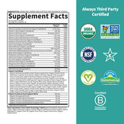 Certifications, supplement and ingredient list for Men's 40+ multivitamin.