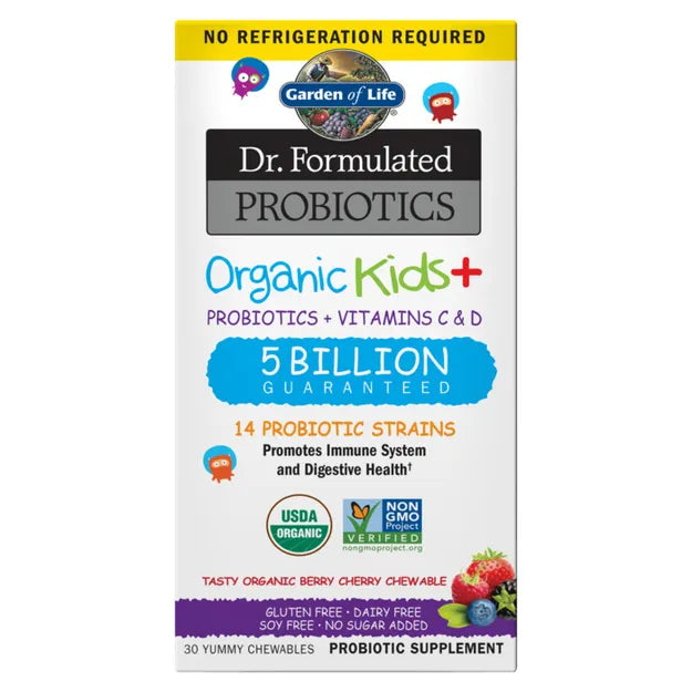 Garden of Life Dr. Formulated Kids+ Probiotic  box with berry cherry 30 chewable tablets.