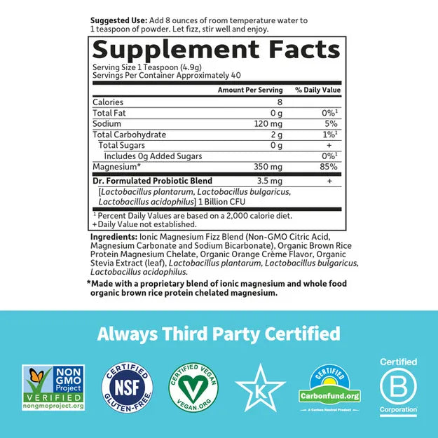 Supplement facts for Magnesium Fizz Drink with probiotics.
