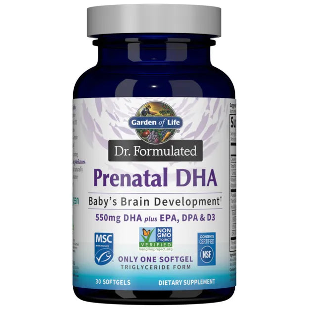 Garden of Life Dr. Formulated Prenatal DHA bottle, 30 softgels.
