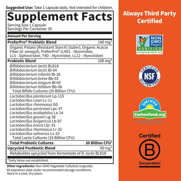 Supplement facts for Pre Probiotic Postbiotic formula.
