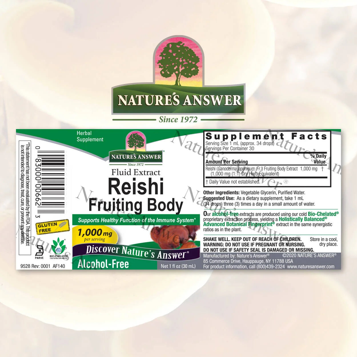 Nature's Answer Reishi Fruiting Body Alcohol-Free Extract 30ml barcode packaging