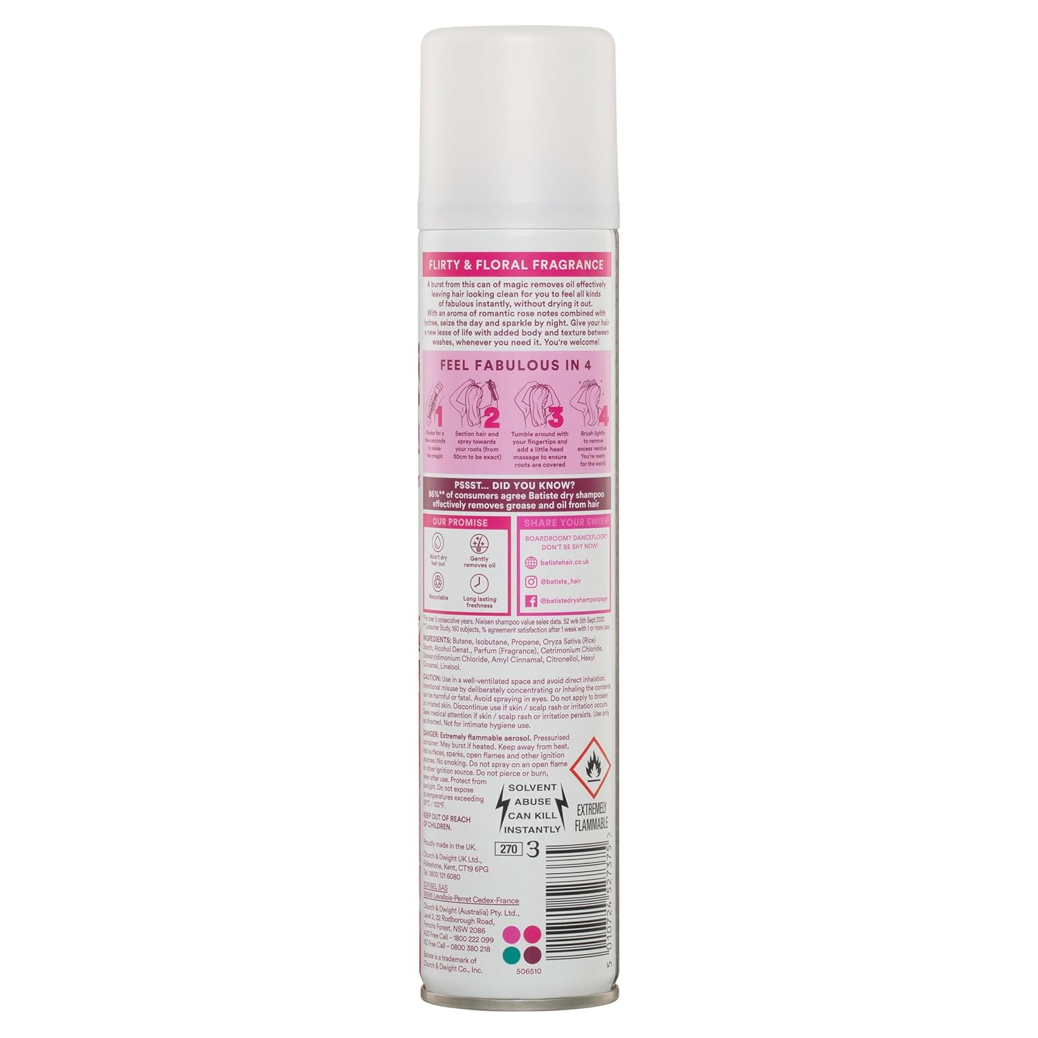 Back label of Batiste Blush Dry Shampoo showing ingredients and warnings.