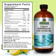 Nature’s Answer Liquid Norwegian Cod Liver Oil 480ml supplement facts label on a light green background.