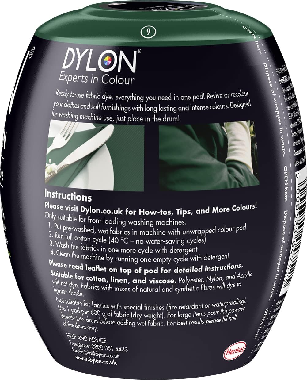 Dylon All-in-1 Fabric Dye Pod Forest Green 350g ingredient information panel