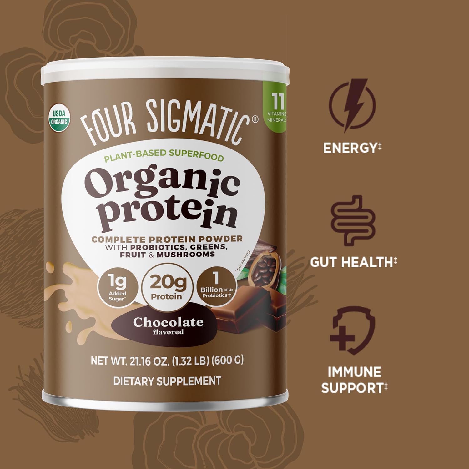 Four Sigmatic Organic Plant-Based Protein Powder, Chocolate - 600g