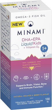 Minami DHA+EPA Liquid for Kids with Vitamin D3, 100ml box, natural berry and orange flavor.