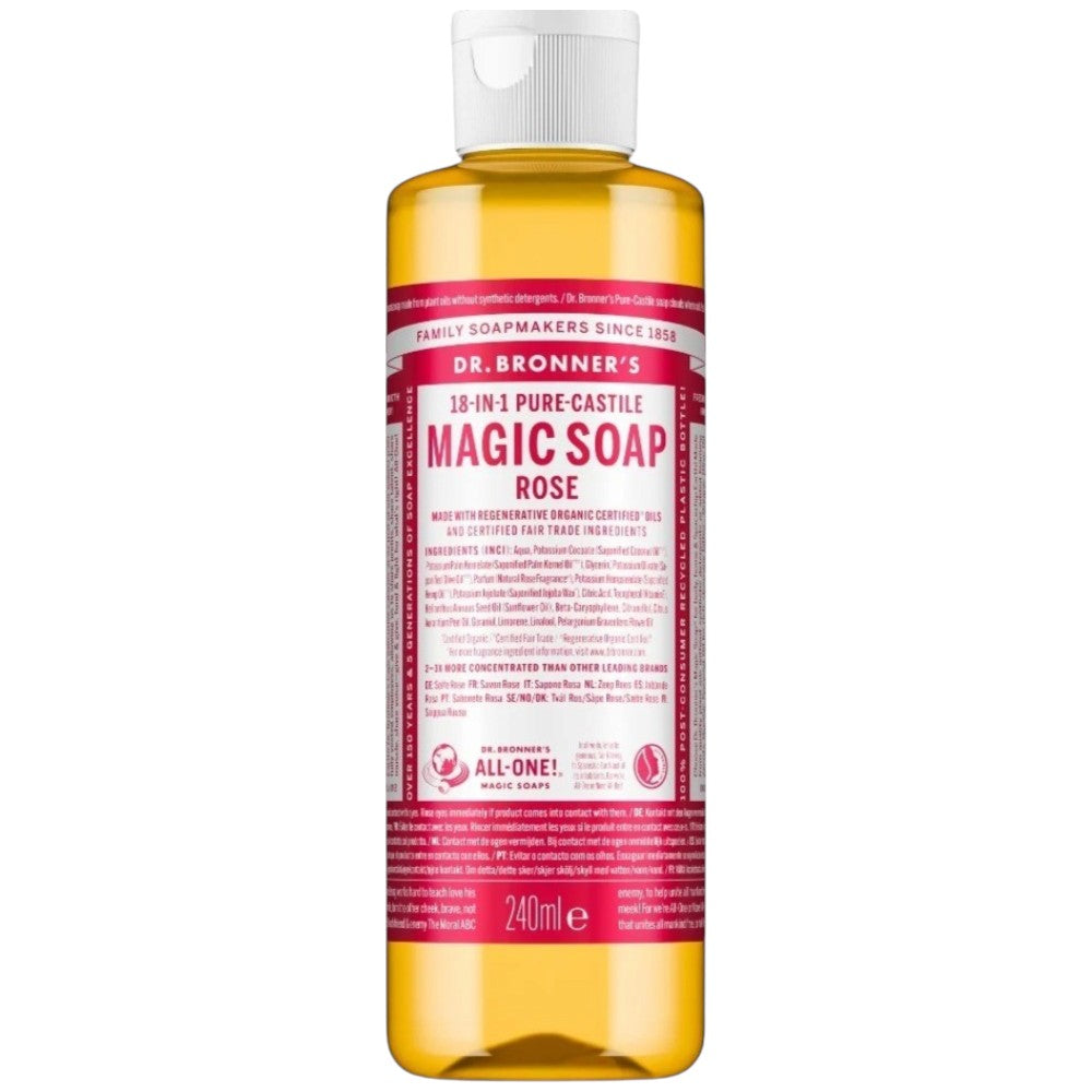 Dr. Bronner's Rose Pure-Castile Liquid Soap bottle, rose scent, 240ml