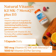 Doctor's Best Natural Vitamin K2 MK-7 plus D3, bottle packaging, unflavoured, 180mcg, 60 veggie capsules, daily use instructions